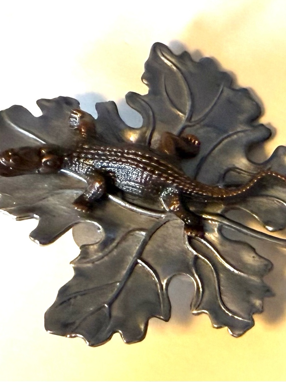 Sylvia Dahl Crocodile on Leaf Brooch or Scarf Clip